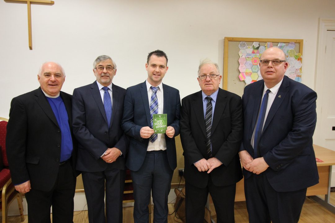 Pictured at the Old Boys' Bible Class on January 8 are from left ; Rev. Aian Ferguson (Portadown Methodist Circuit Superintendent Minister), Derek Laverty (Bible Class leader), Stephen McNeill ('Gospel Goal'), Brian Morrison (Old Boys' Vice-Chairman) and Steven Wright (Old Boys' Chairman).